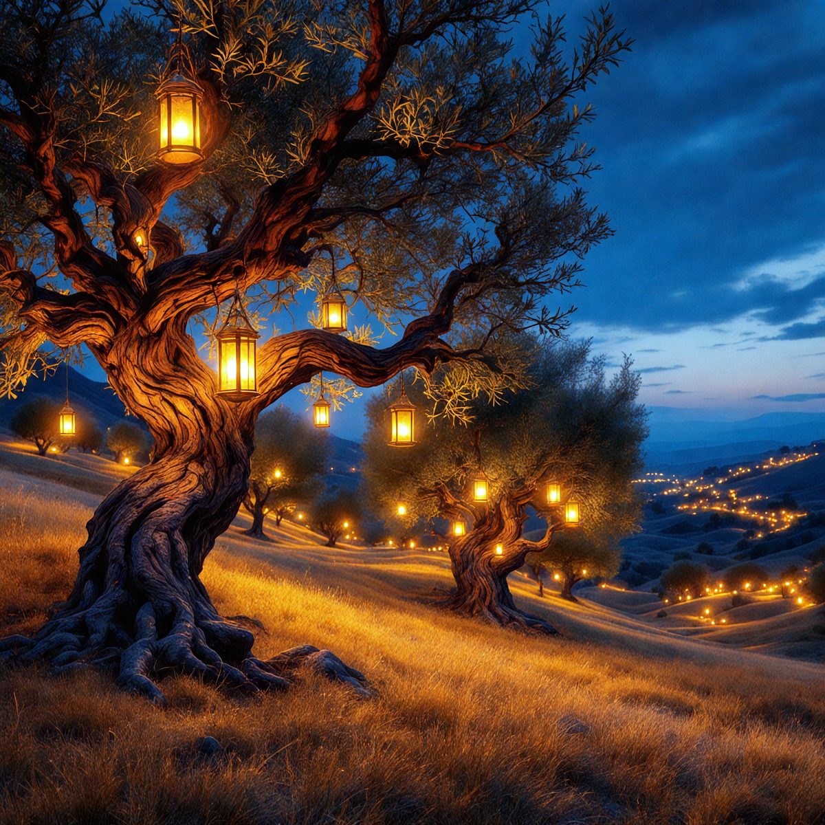 The primary subject of the image is a tree with lights on it, standing in a field. The setting is a hillside with a mountain in the background. The visual style is a photo, and the colors and mood are warm and inviting.